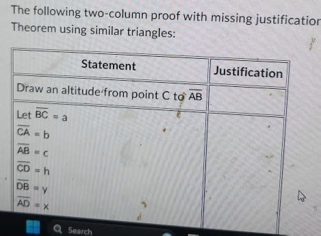 The Following Two Column Proof With Missing Justification Theorem Using