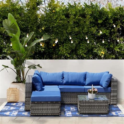 Uixe Gray 4 Piece Wicker Rattan Outdoor Sectional Set With Blue