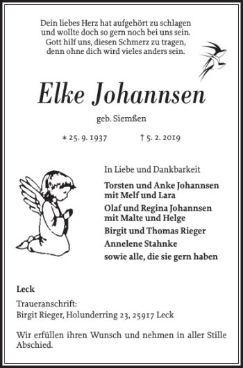 Traueranzeigen Von Elke Johannsen Sh Z Trauer