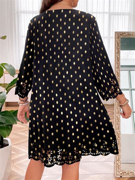 Shein Lune Plus Gold Dot Print Laser Cut Out Scallop Trim Tunic Dress