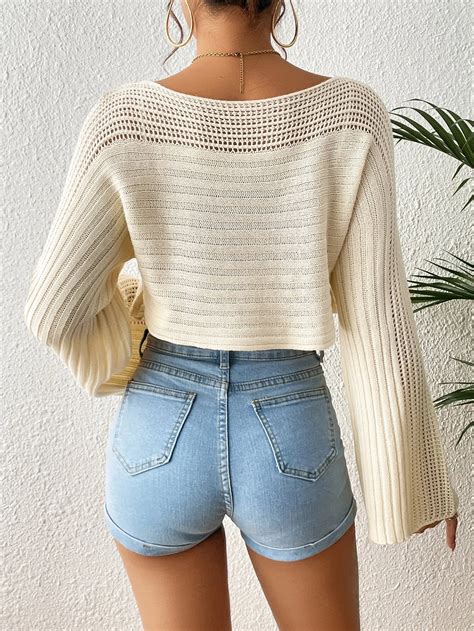 SHEIN VCAY Boat Neck Batwing Sleeve Pointelle Knit Sweater Without Bra