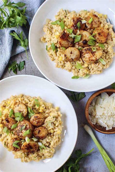 Seared Sea Scallops over Creamy Corn Risotto - Pink Owl Kitchen