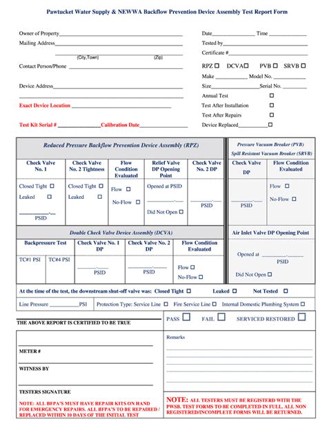 Pawtucket Water Supply And Newwa Backflow Prevention Device Assembly Test Report Form Fill And