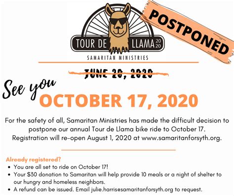 Tour De Llama Postponed To October 17 2020 Samaritan Ministries