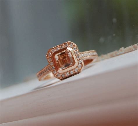 Asscher Cut Champagne Peach Sapphire Diamond Ring 14k Rose Gold