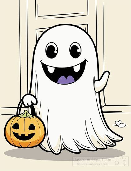 Halloween Clipart Cheerful Ghost Holding A Pumpkin Bag Standing At A