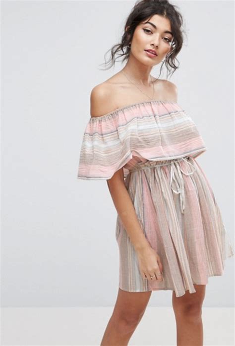 Asos Beach Sundress With Off Shoulder In Natural Stripe Fashion