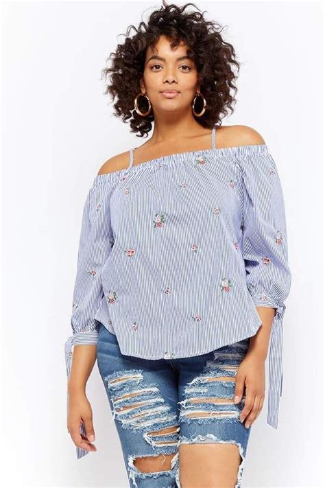 Forever 21 Plus Size Embroidered Pinstriped Open Shoulder Top Open