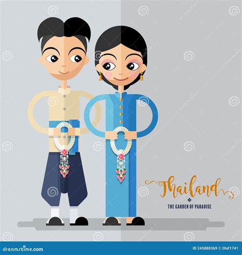 Cute Cartoon Characters Girl In Traditional Dresses Of Thailand Or Thai