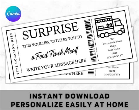 Surprise Food Truck Ticket Certificate Voucher Card Template Printable