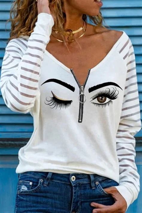 Abstract Print Zipper V Neck Casual Long Sleeves Tops Curvedream