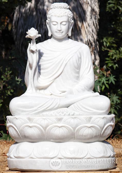 SOLD Buddha Garden Sculpture White Marble Holding Lotus Flower With