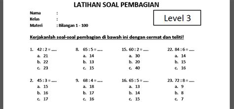 Soal Pembagian Kelas 3 SD Level 3 Bilangan 1 Sampai 100 Bimbel Brilian