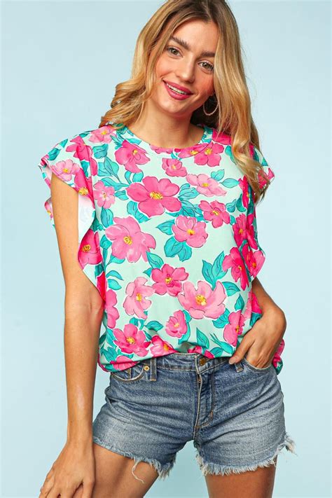 Description Round Neck Ruffle Short Sleeve Floral Print Crepe Knit