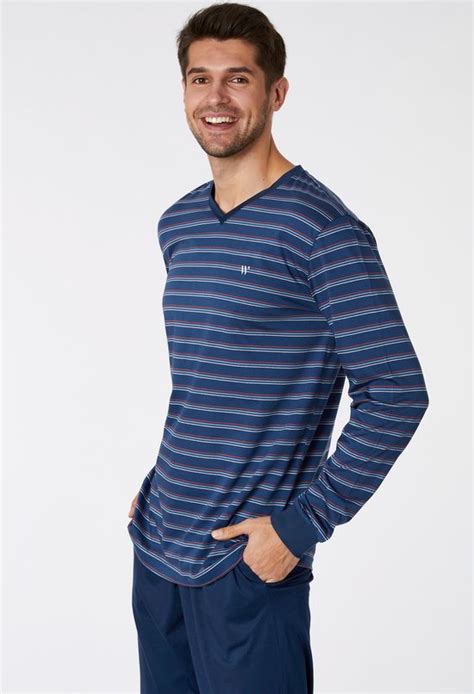 Woody Pyjama Heren Marineblauw Gestreept Mvl S Maat L