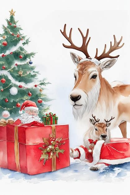 Premium AI Image Watercolor Painting Of Santa Claus With Reindeer And