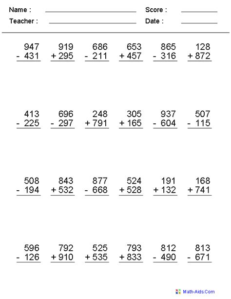 Math Worksheets For 3rd Grade Addition And Subtraction