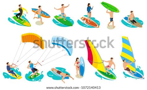 Surfing Isometric Icons Isolated Images Surfers Stock Vector Royalty