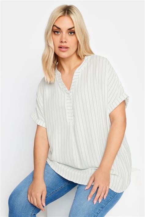 Yours Curve Plus Size White Half Placket Stripe Blouse Yours Clothing