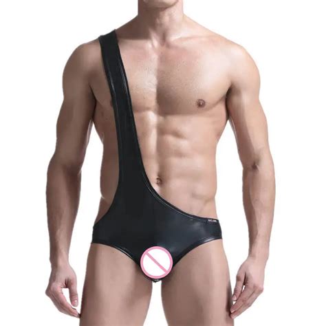 Sexy Mens Briefs Underwear Faux Leather Wrestling Singlet Bodysuit Open