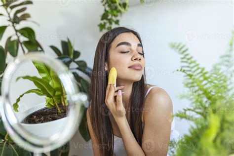 Closeup Head Shot Pleasant Beautiful Woman Applying Face Massage After