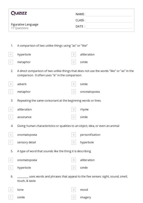 50 Figurative Language Worksheets For 7th Grade On Quizizz Free