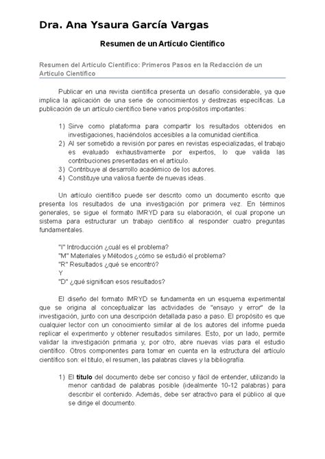 Primeros Pasos En La Redacción De Un Artículo Científico Resumen De