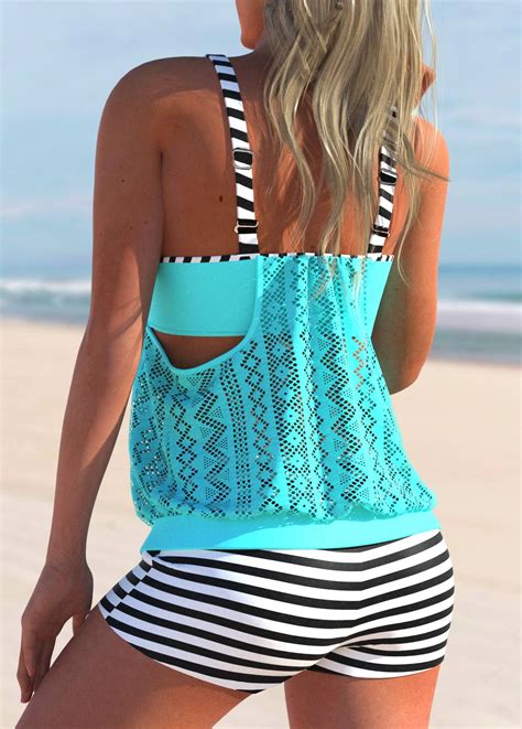 Rotita Striped Lace Stitching Cyan Tankini Set Rotita Usd