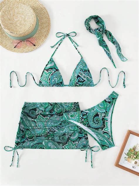 Shein Swim Y2glam Paisley Print Halter Triangle Bikini Swimsuit With Beach Skirt Shein Uk