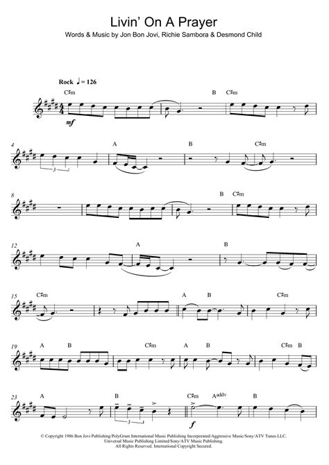 Livin On A Prayer By Bon Jovi Sheet Music For Alto Sax Solo At Sheet