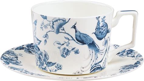 Fanquare 9oz Bone China Tea Cup And Saucer Set For 1 Blue And White