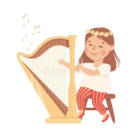 Menina Sorridente Sentada Em Cadeira E Tocando Instrumento Musical Harp