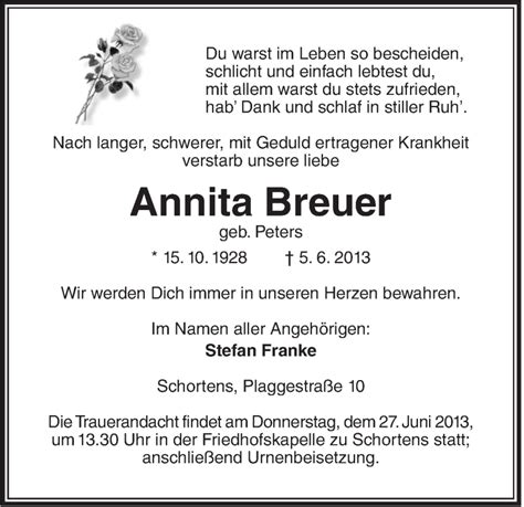 Traueranzeigen Von Annita Breuer Nordwest Trauer De