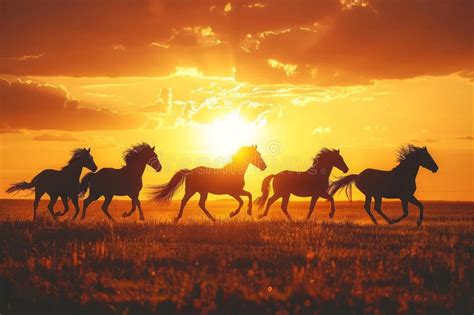 Silhouettes of Herd of Horses Galloping Across Field at Sunset Stock Photo - Image of country ...