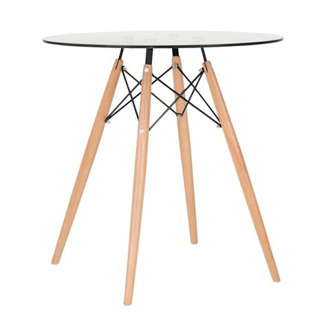 Mesa De Jantar Redonda Eames Eiffel Wood Tampo De Vidro 70 Cm Em