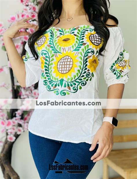 rj00807 Blusa artesanal mexicano de manta color blanco diseño de