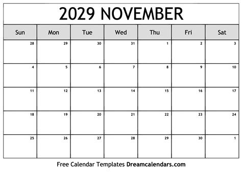 November 2029 Calendar - Free Printable with Holidays and Observances