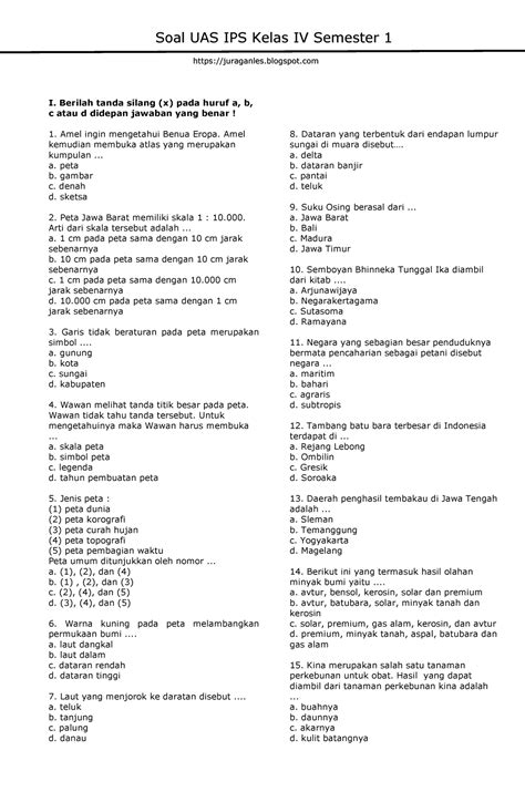 Soal Uas Ips Kelas Iv Semester Berilah Tanda Silang X Pada Huruf