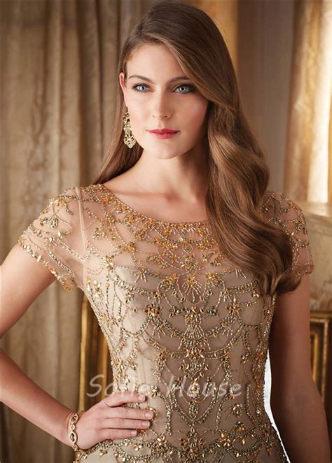 Gorgeous A Line Long Gold Satin Tulle Beaded Formal Occasion Evening