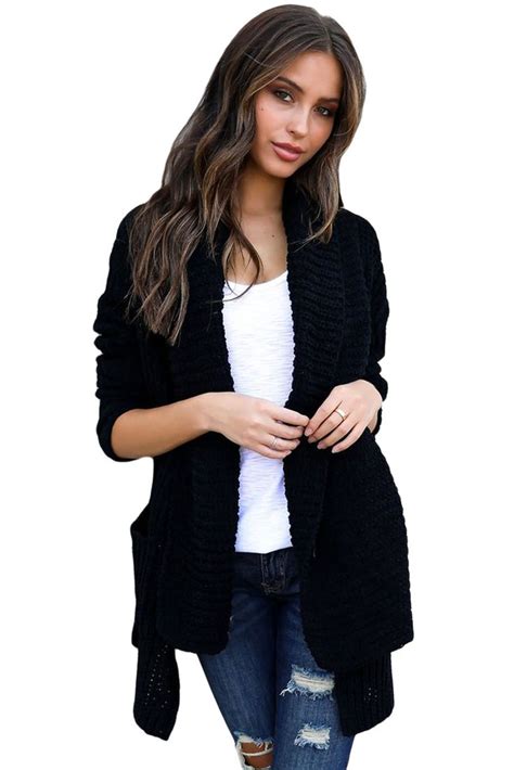 Black Comfy Cozy Pocketed Cardigan Trendy Fall Outfits Long Knit Cardigan Cardigans For Women