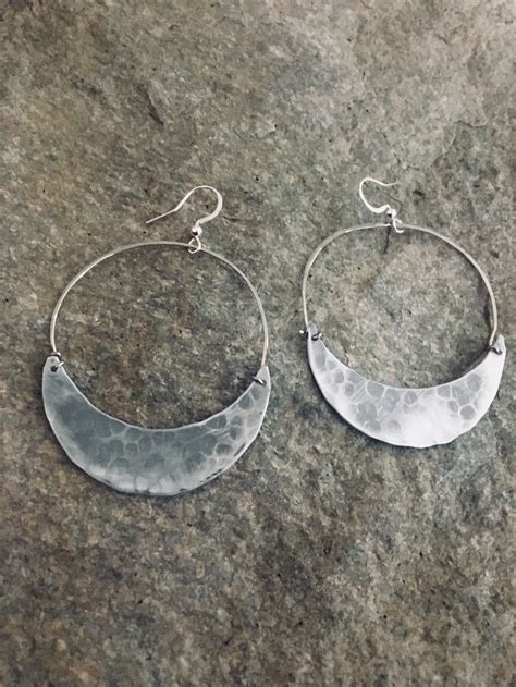 Hammered Silver Hoop Earrings Crescent Hoops Pewter Aluminum Hoops