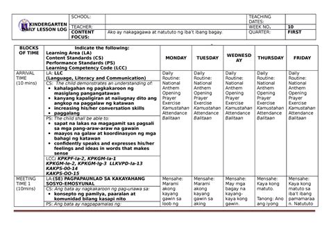 Dll Kinder W10 Lesson Plan Kindergarten Daily Lesson Log School