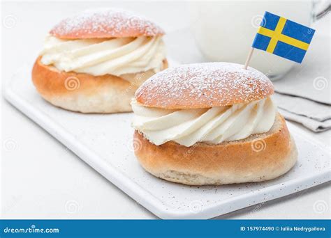 Traditional Swedish Dessert Semla, Also Called Shrove Bun, with Almond Paste and Whipped Cream ...