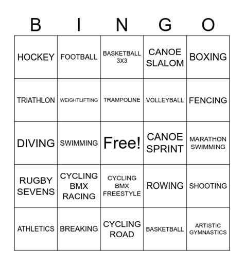 Summer Olympic Sports Bingo Card