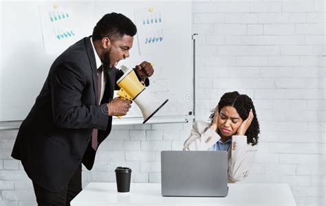 Angry Boss Firing Employee Woman Shouting Angrily Sitting In Office