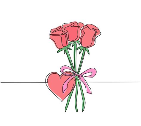 One Single Line Drawing Of Beautiful Rose Flower Bouquets With Heart