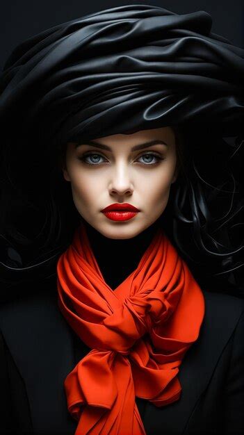 Premium Photo Woman With Red Scarf Around Her Neck And Black Hat On