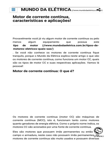 Motor De Corrente Contínua Características E Aplicações Pdf Motor