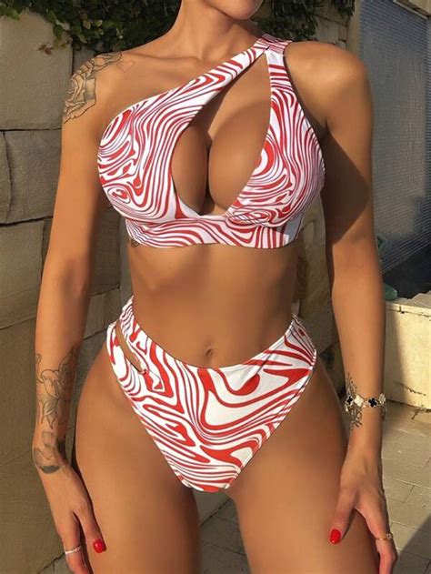 Fluid Pattern Cut Out One Shoulder Bikini Swimsuit Shein Usa