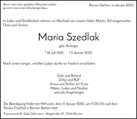 Traueranzeigen Von Maria Szedlak ZVW Trauer